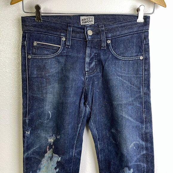 Naked Famous Skinny Guy 28 Mens Selvedge Multicolor Fill Paint Distressed 36" - Picture 3 of 15